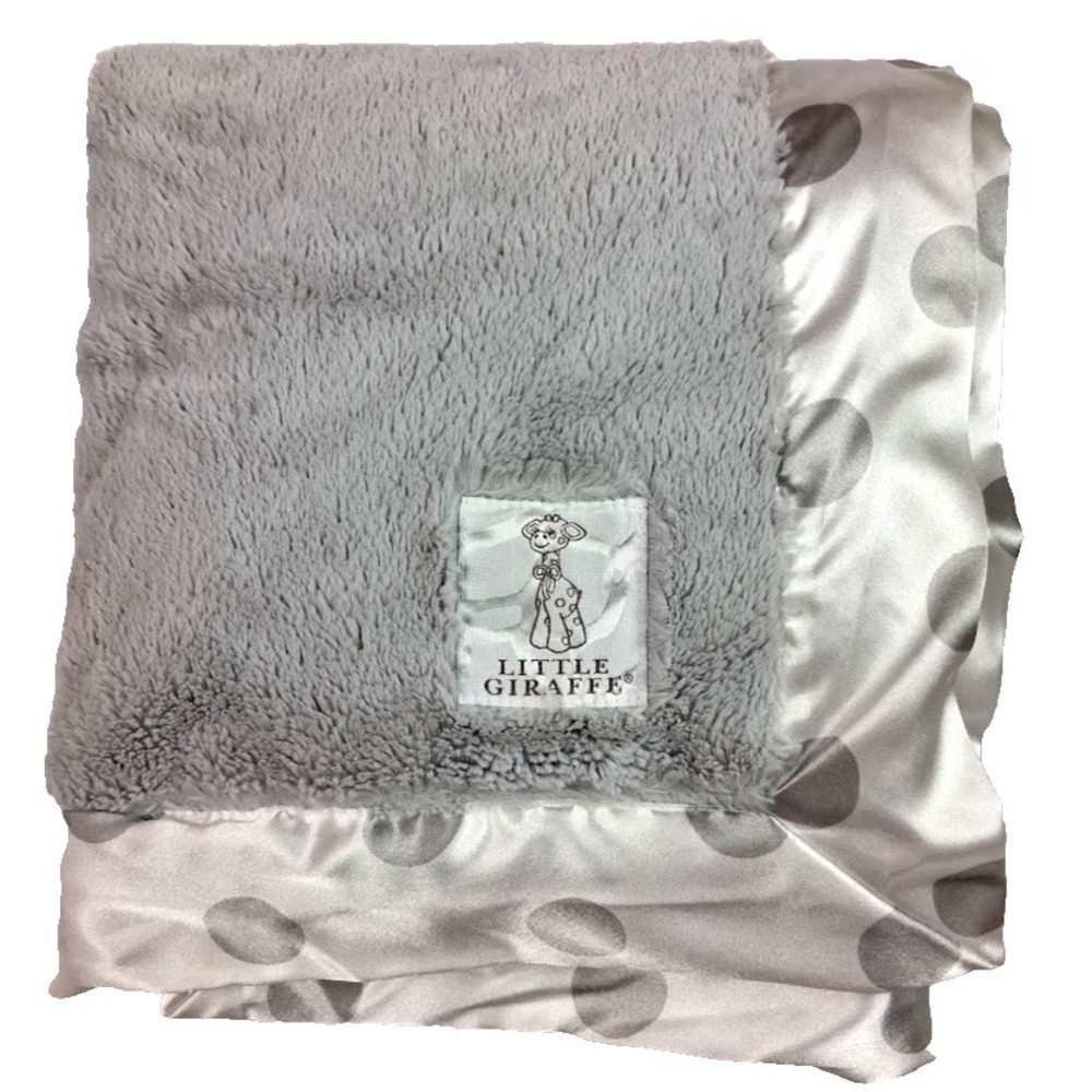 Little Giraffe Plush Gray White Polka Dot Satin Trim 32x36 Baby Blanket Soft